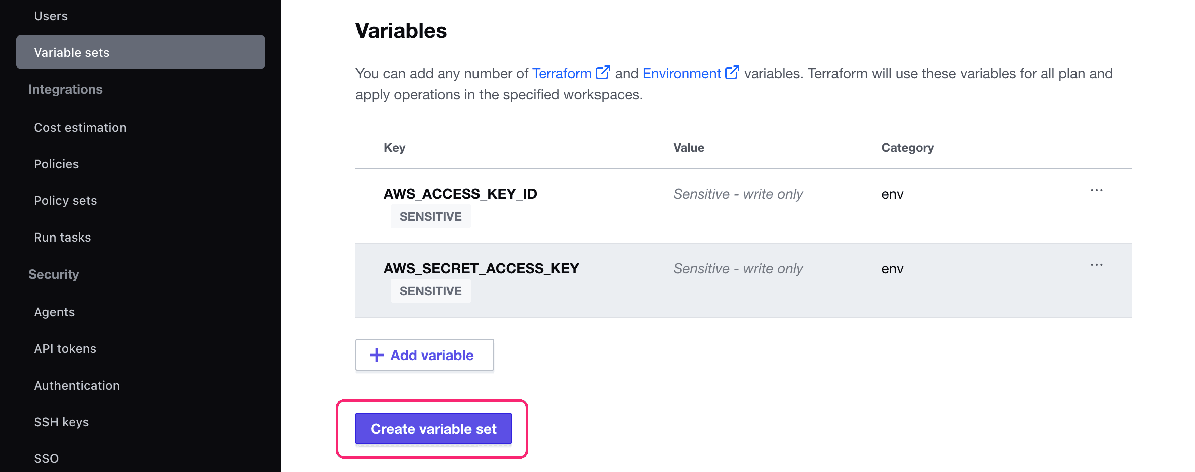 Save variable set